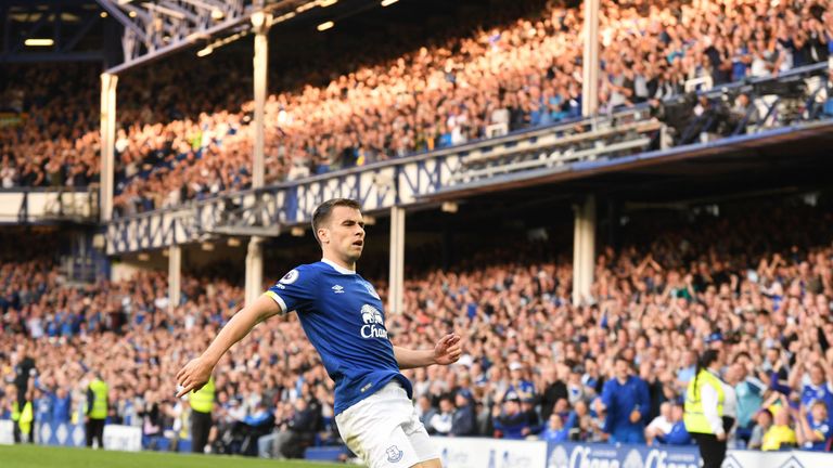 Everton's Irish defender Seamus Coleman celebrates after scoring during the English Premier League football match between Everton and Middlesbrough at Good