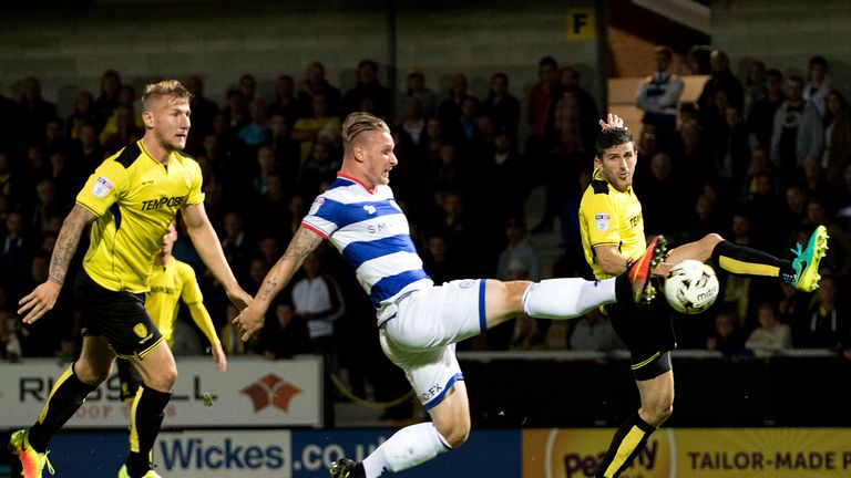 Sebastian Polter of Queens Park Rangers scores his side's equalising goal to make the score 1-1 at Burton