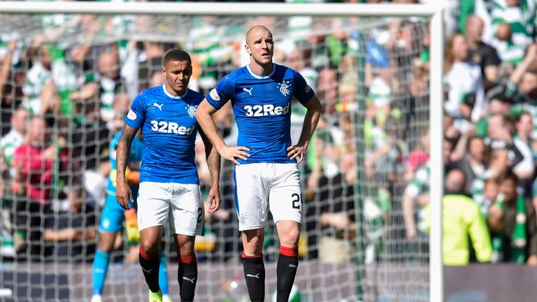 Rangers' Philippe Senderos dejected after Rangers conceded a third goal