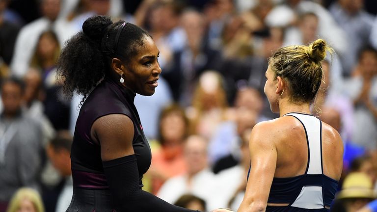 Serena Williams shakes hands with Simona Halep after defeating her at the US Open