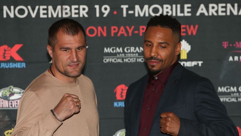 NEW YORK, NEW YORK - SEPTEMBER 06:  Sergey Kovalev (L) and Andre Ward (R) square up during the press conference for the Kovalev v Ward "Pound for Pound" bo