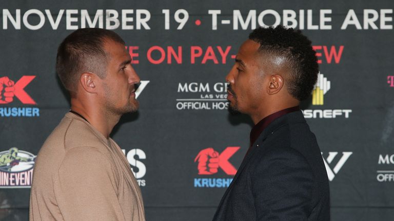 NEW YORK, NEW YORK - SEPTEMBER 06:  Sergey Kovalev (L) and Andre Ward (R) face off during the press conference for the Kovalev v Ward "Pound for Pound" bou