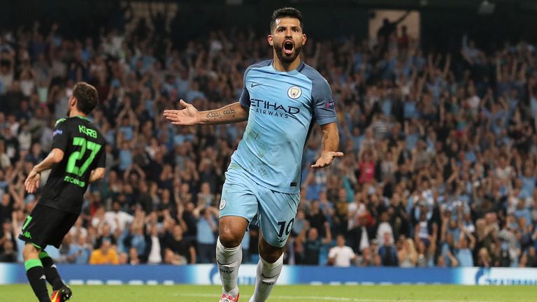 Manchester City's Sergio Aguero celebrates scoring his hat-trick 