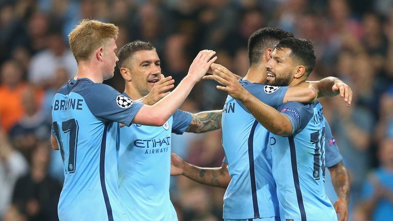 Sergio Aguero of Manchester City celebrates with team-mates 