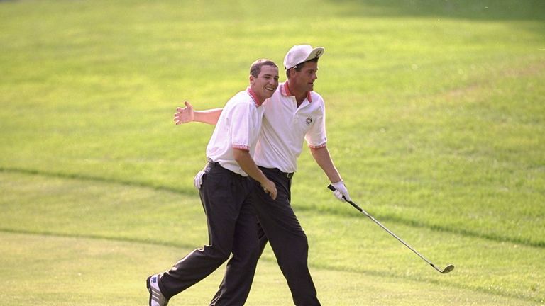 25 Sep 1999:  Sergio Garcia and Jesper Parnevik of Europe celebrate during the 33rd Ryder Cup match played at the Brookline CC in Boston, Massachusetts, US