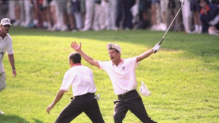 25 Sep 1999:   Sergio Garcia and Jesper Parnevik of Europe celebrates during the 33rd Ryder Cup match played at the Brookline CC in Boston, Massachusetts, 