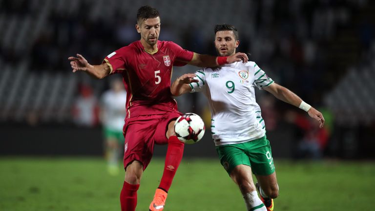 Republic of Ireland's Shane Long (rght) and Serbia's Matija Nastasic battle for the ball during the 2018 FIFA World Cup Qualifying, Group D match