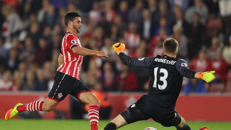 SOUTHAMPTON, ENGLAND - SEPTEMBER 21: Shane Long of Southampton shot is saved by Wayne Hennessey of Crystal Palace  during the EFL Cup Third Round match bet
