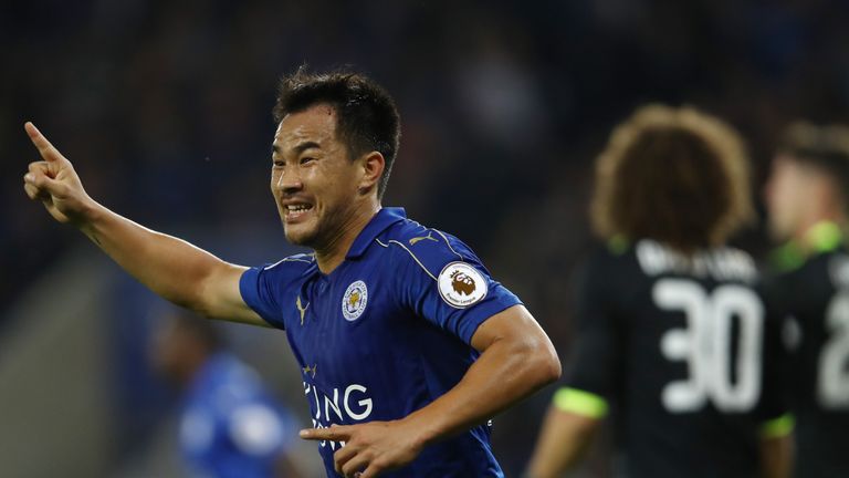 LEICESTER, ENGLAND - SEPTEMBER 20:  Shinji Okazaki of Leicester City celebrates scoring his sides first goal during the EFL Cup Third Round match between L