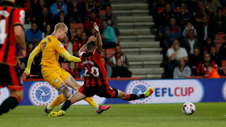 Preston North End's Simon Makienok scores their first goal during the EFL Cup, Third Round match at the Vitality Stadium, Bournemouth.