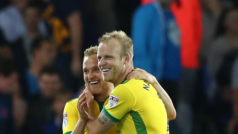 Steven Naismith (R) of Norwich City celebrates scoring the opening goal with Alex Pritchard during the EFL Cup Third Round