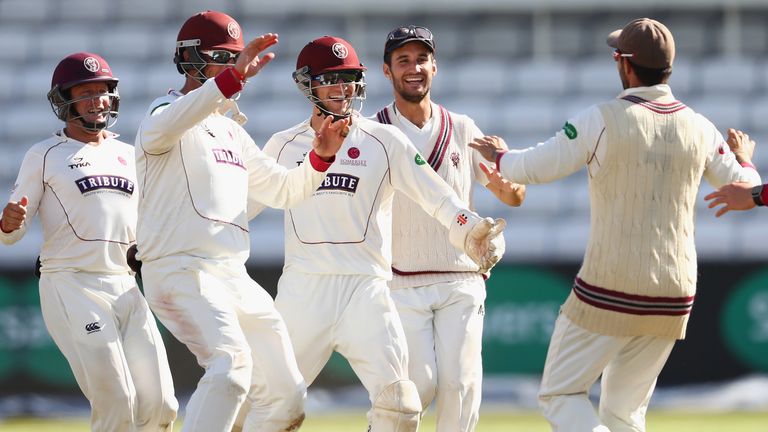 Somerset celebrate as they run through Nottinghamshire's second innings