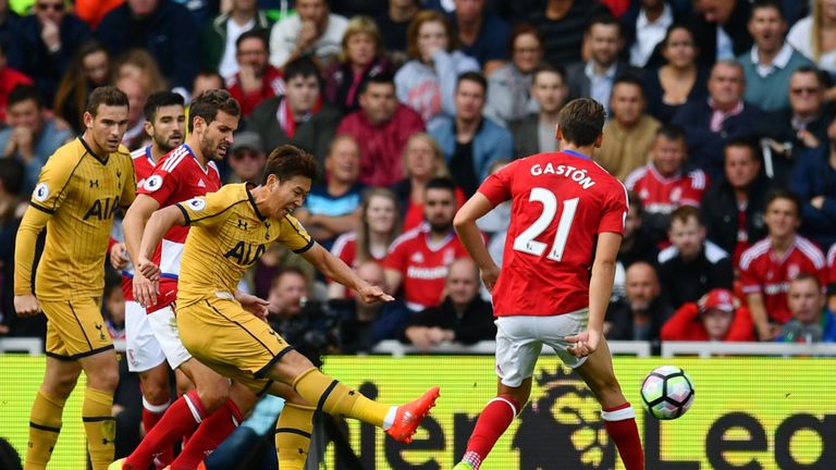 MIDDLESBROUGH, ENGLAND - SEPTEMBER 24:  Heung-Min Son of Tottenham Hotspur scores his sides second goal during the Premier League match between Middlesbrou