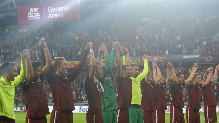 Sparta Prague players celebrate victory over Inter Milan
