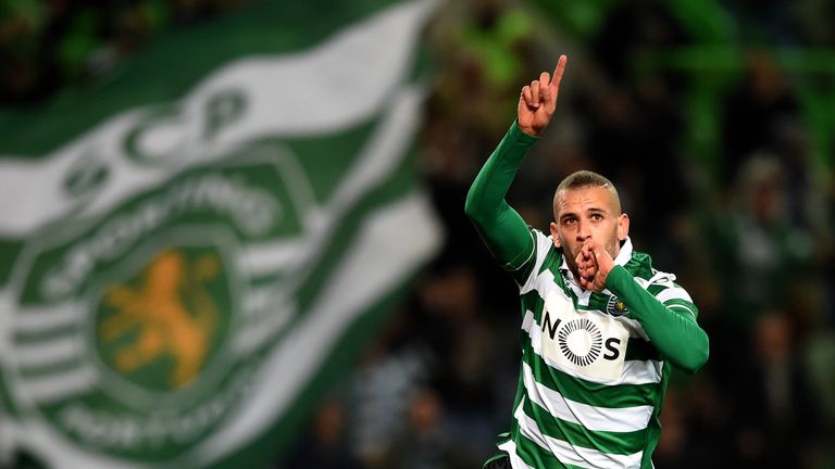 Sporting's Islam Slimani celebrates after scoring the opening goal during the Portuguese League football match against Porto in January 2016