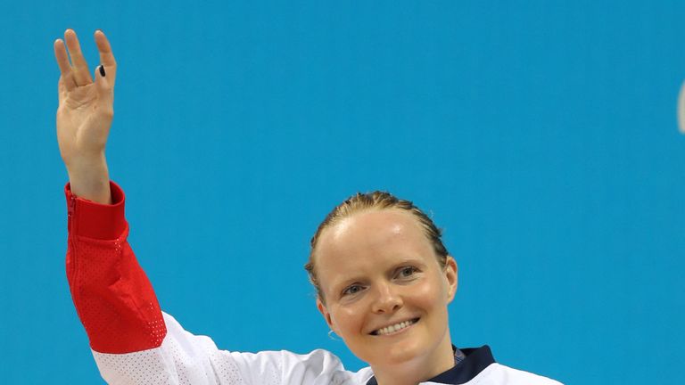 Great Britain's Susannah Rodgers receives her Bronze medal during the medal ceremony for the Women's 50m Freestyle S7 at the Olympics Aquatics Stadium duri