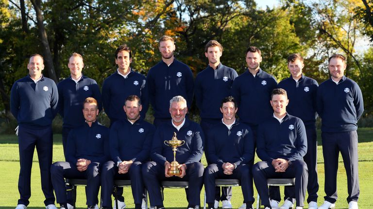 CHASKA, MN - SEPTEMBER 27:  (Front L-R) Henrik Stenson, Lee Westwood, captain Darren Clarke, Rory McIlroy, Justin Rose, (Back L-R) Sergio Garcia, Danny Wil