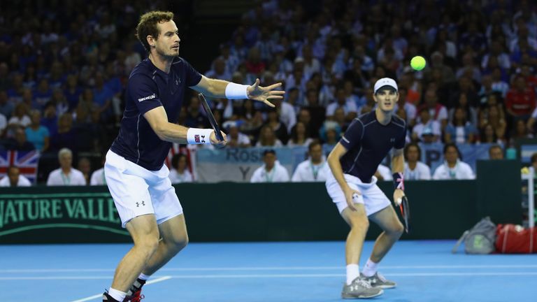 Andy Murray and Jamie Murray of Great Britain in action against Juan Martin Del Potro and Leonardo Mayer of Argentina 