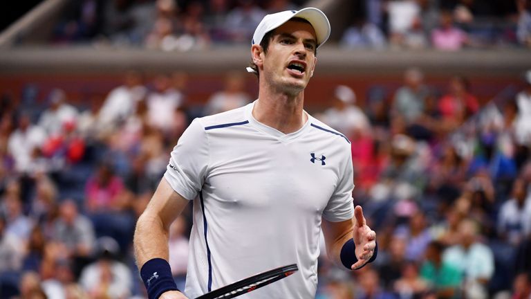 Andy Murray of Great Britain reacts against Kei Nishikori of Japan during the US Open