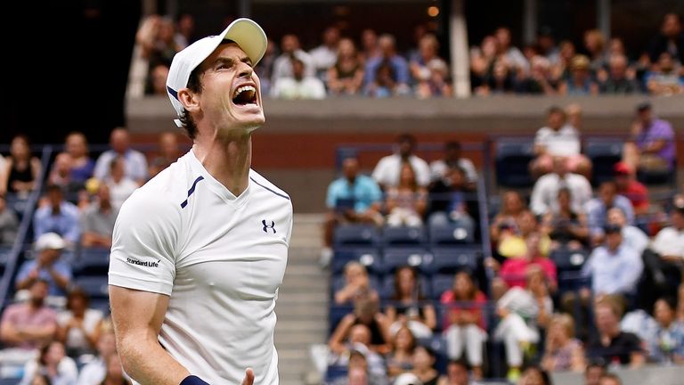 Andy Murray of Great Britain reacts against Kei Nishikori of Japan at the US Open