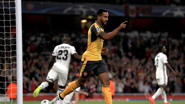 Arsenal's Theo Walcott celebrates scoring his side's first goal against Basel