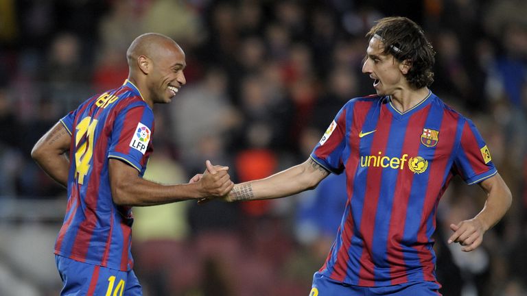 Barcelona's French forward Thierry Henry (L) is congratuled by teammte  Swedish forward Zlatan Ibrahimovic after scoring against Mallorca during their Span