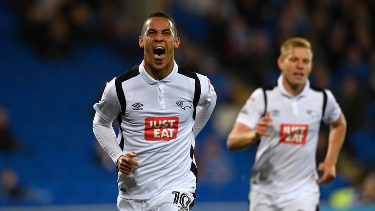 Derby's Tom Ince celebrates after scoring against Cardiff