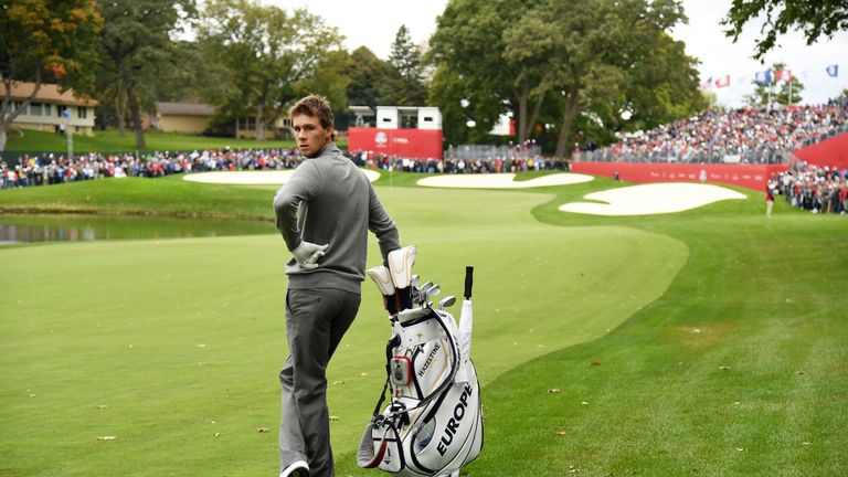 CHASKA, MN - SEPTEMBER 28: Thomas Pieters of Europe looks on during practice prior to the 2016 Ryder Cup at Hazeltine National Golf Club on September 28, 2