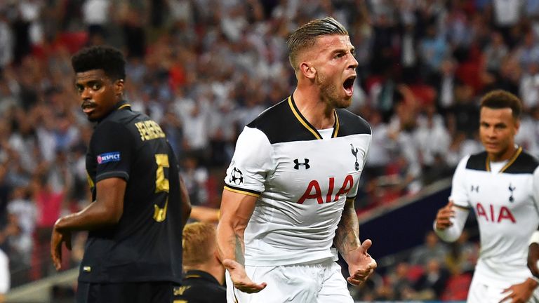 Toby Alderweireld celebrates after scoring against Monaco at Wembley Stadium