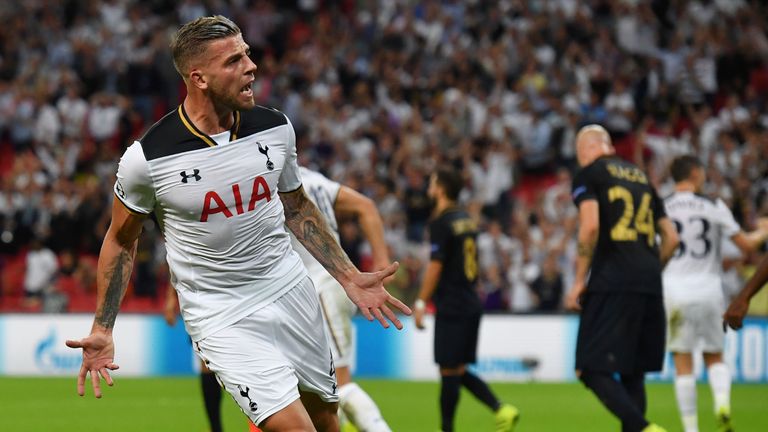 Tottenham Hotspur defender Toby Alderweireld celebrates after pulling a goal back