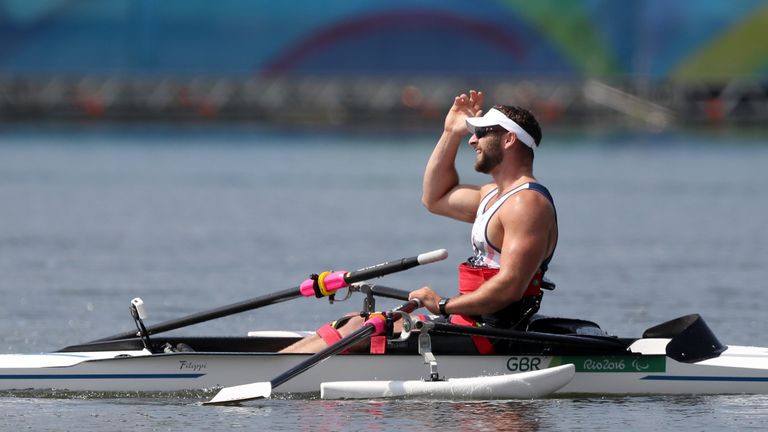 Great Britain's Tom Aggar celebrates winning bronze in the AS Men's Single Sculls at the Lagoa Stadium during the fourth day of the 2016 Rio Paralympic Gam