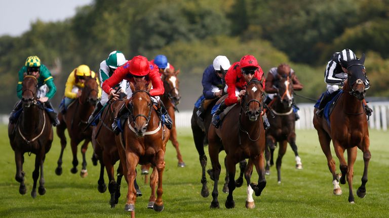 Tom Queally riding Madam Dancealot (left, red) win the Bathwick Tyres Dick Poole Fillies' Stakes at Salisbury 