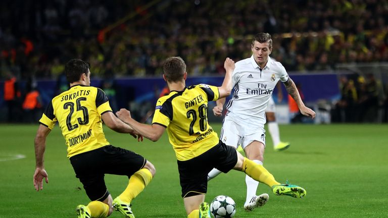 Toni Kroos in action for Real Madrid during Champions League clash with Borussia Dortmund