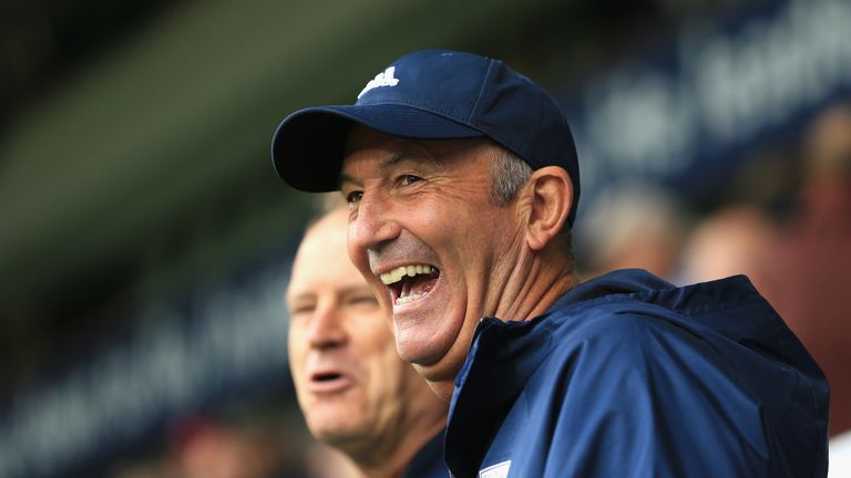 Tony Pulis, Manager of West Bromwich Albion laughs prior to the Premier League match