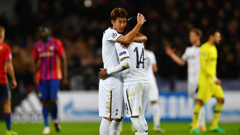 Heung-Min Son and Georges-Kevin Nkoudou of Tottenham celebrate victory 