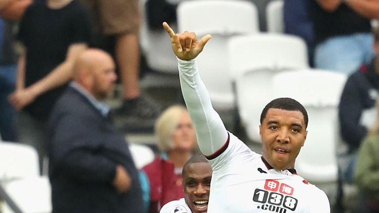 LONDON, ENGLAND - SEPTEMBER 10:  Troy Deeney of Watford celebrates scoring his sides second goal during the Premier League match between West Ham United an
