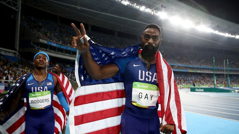 RIO DE JANEIRO, BRAZIL - AUGUST 19:  Mike Rodgers and Tyson Gay of the United States celebrate prior to being disqualified after the Men's 4 x 100m Relay F
