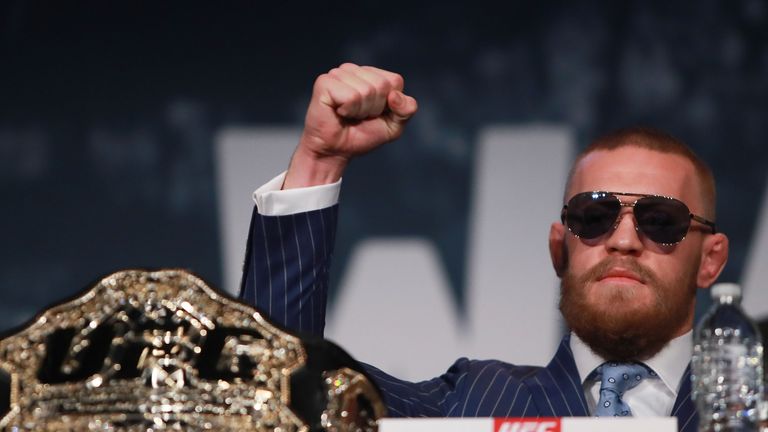 Conor McGregor reacts during the UFC 205 press conference at The Theater at Madison Square Garden
