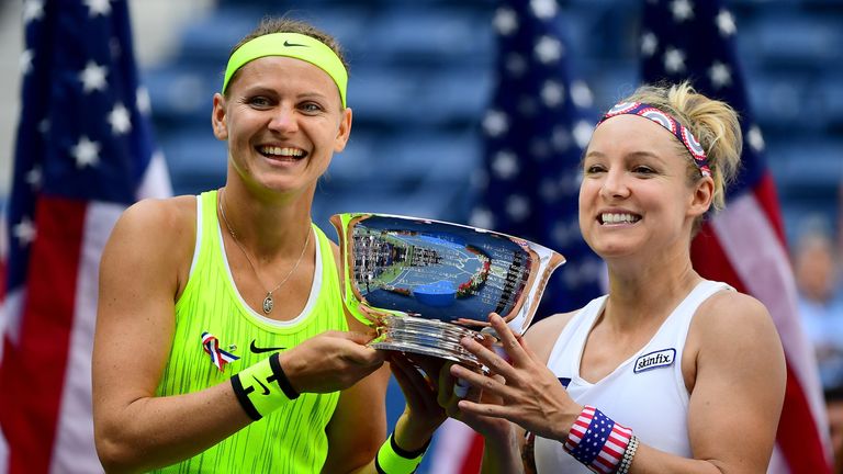 Bethanie Mattek-Sands (r) and Lucie Safarova celebrate following their doubles success