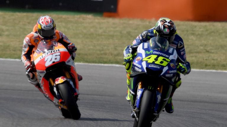 Valentino Rossi (46) leads Dani Pedrosa (26) in San Marino before the Spaniard took charge six laps from the end