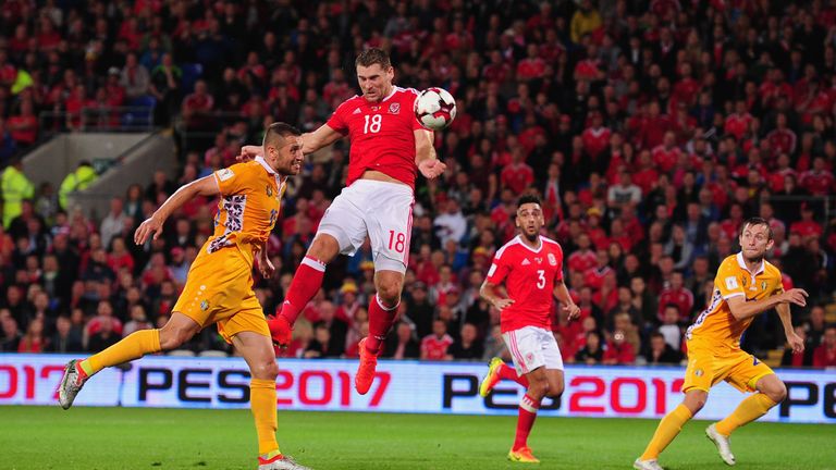 CARDIFF, UNITED KINGDOM - SEPTEMBER 05: Sam Vokes of Wales scores his sides first goal during the 2018 FIFA World Cup Qualifier between Wales and Moldova 