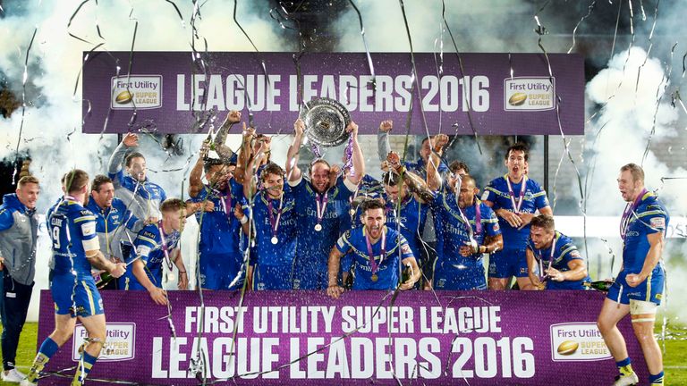 Warrington Wolves lift The League Leaders' Shield following the Super 8's match at the KCOM Stadium, Hull. 