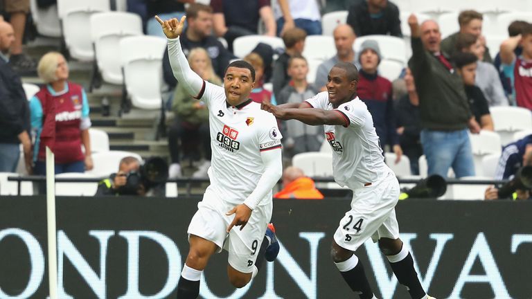 Troy Deeney celebrates after scoring for Watford at West Ham