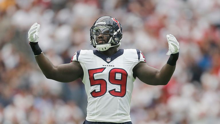 HOUSTON, TX - SEPTEMBER 11: Whitney Mercilus #59 of the Houston Texans pumps up the crowd while playing against the Chicago Bears in the first quarter at N