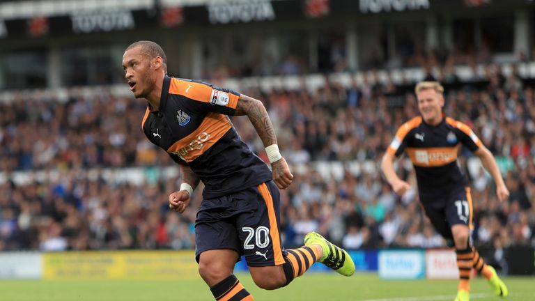 Newcastle United's Yoan Gouffran celebrates scoring his side's first goal of the game during the Sky Bet Championship match at the iPro Stadium, Derby