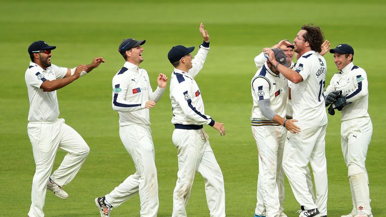 Yorkshire celebrate a wicket during Day Four of the Specsavers County Championship Division One match against Durham