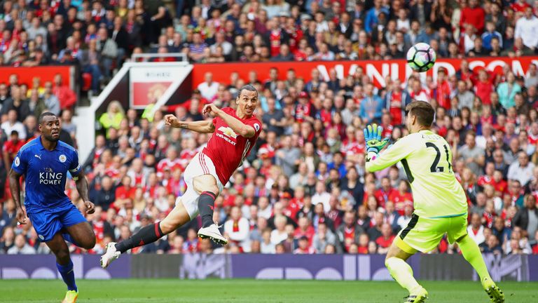 Zlatan Ibrahimovic of Manchester United attempts to volley the ball past Ron-Robert Zieler of Leicester City, Premier League