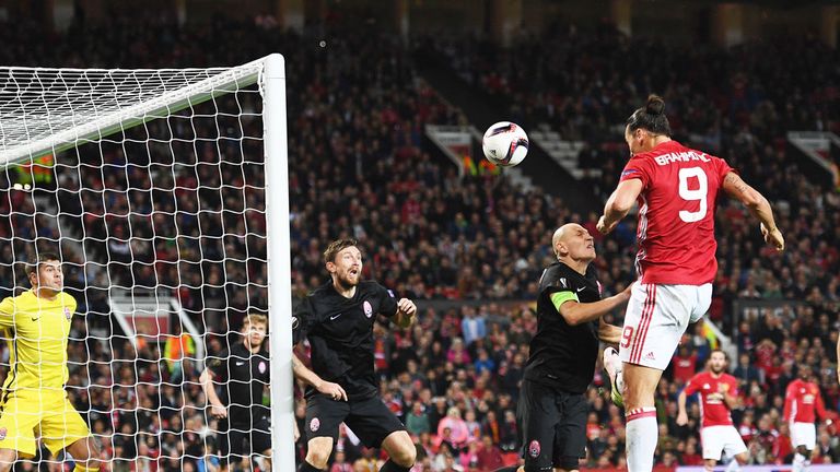 Zlatan Ibrahimovic scores for Manchester United against Zorya Luhansk