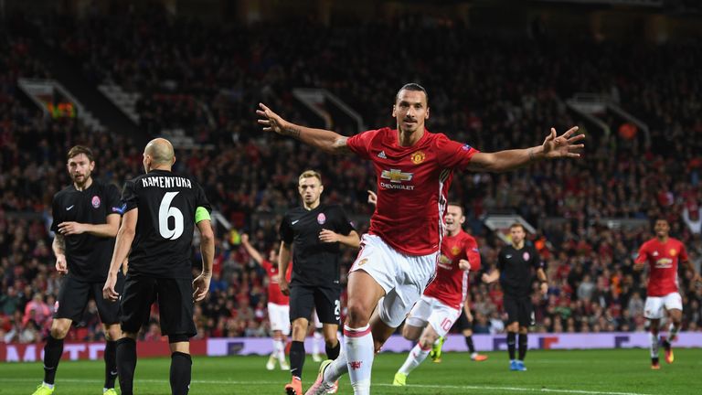 MANCHESTER, ENGLAND - SEPTEMBER 29:  Zlatan Ibrahimovic of Manchester United celebrates after scoring the opening goal during the UEFA Europa League group 