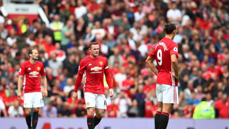 Wayne Rooney and Zlatan Ibrahimovic prepare to restart the game after a Manchester City goal at Old Trafford